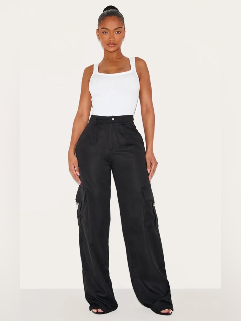 PrettyLittleThing Black Wide Leg Cargo Trousers with Flap Pockets